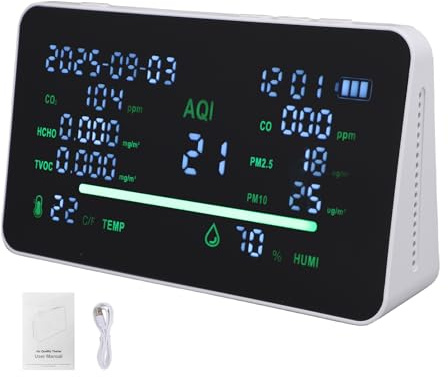 Aumotop Luftverschmutzungsmonitor für Innenräume, Multifunktionaler CO2/HCHO/TVOC-Detektor, Heim-PM2,5-PM10-Tester, LCD-Farbbildschirm-Luftqualitätsmessgerät für Hausbesitzer, Fitnessstudios und Büros