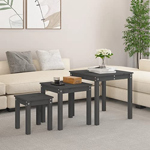 Frdhee Side Table Couch Sofa Tray Set of 3 Grey Solid Pine Wood Plant Stand for Bedroom, Living Room, Office