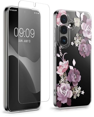 kwmobile Hülle kompatibel mit Samsung Galaxy S26 Handyhülle - Silikon Case transparent - Mit Glas Schutzfolie - Blumenblüten und Rosen Pastelllila Transparent