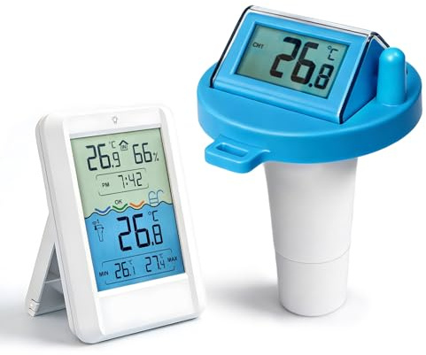 Solar Funk Pool Thermometer Schwimmend – Digitaler Wassertemperaturmesser mit Innen-/Außenfühler für Schwimmbad, Whirlpool, Teich & Aquarium