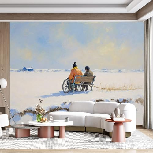 Papier peint mural auto-adhésif amovible en tissu avec motif scène d'hiver, banc d'amis, fauteuil roulant, paysage extérieur, grand autocollant mural décoratif pour salon