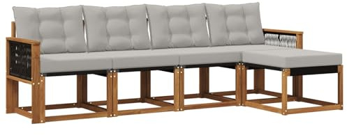 vidaXL Outdoor-Sofagarnitur mit Kissen 5 pcs Natürlich und Hellgrau, Gartenmöbel, modernes, langlebiges Outdoor-Sofa, Eckset für Terrasse, Bequeme Lounge und Sitzgelegenheit
