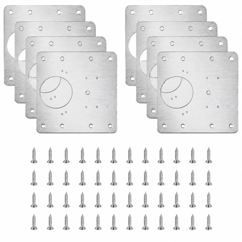 8 Pcs Placas de Bisagras Puertas Cocina, 9x9 cm | Placas de Reparación para Bisagras Puertas Madera, Placa de acero inoxidable, para Cajones Armarios, con 47 Tornillos