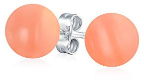 Orecchino A Bottone Semplice Rotondo Con Cerchio In Palla Naturale Tinta Rosa Arancio Corallo. Argento Sterling .925 6 Mm Per Donne