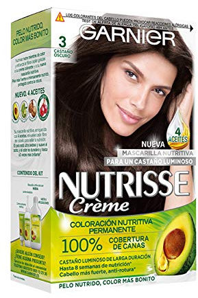 Garnier Nutrisse Creme Coloración Nutritiva Permanente, Tinte 100% Cobertura de Canas con Mascarilla Nutritiva de 4 Aceites - Tono 3 Castaño Oscuro, El embalaje puede variar