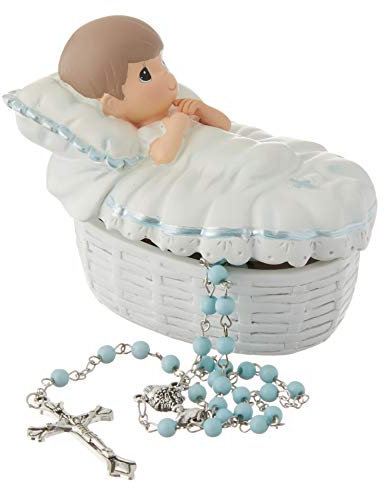 Precious Moments Tauf-Rosenkranz mit Box für Jungen, getauft in seinem Namen, Kunstharzbox mit Rosenkranz, Taufgeschenk für Jungen