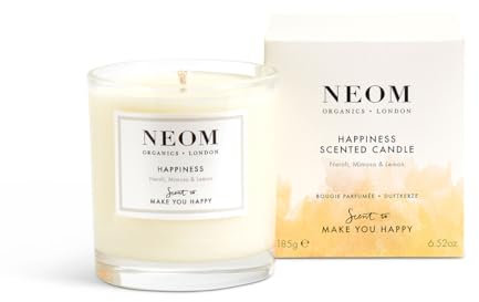 Neom Happiness Scented Candle, 1 Wick | Essential Oil Aromatherapy Candle | Neroli, Mimosa & Lemon | Scent to Make You Happy,White,185 g (Pack of 1),1101170