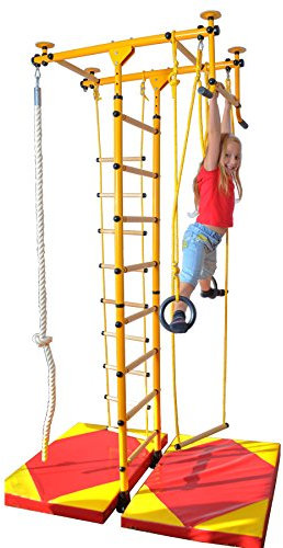 NiroSport Sprossenwand Kinderzimmer M1 Klettergerüst Sprossenwand Turnwand Kindersportgerät Heimsportgerät Klimmzugstange inkl. Turnringe Klettertau Strickleiter Trapezstange