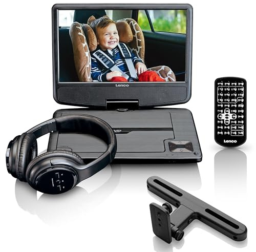 Lenco tragbarer DVD Player DVP-947BK 9 Zoll (22,5 cm), Bluetooth Kopfhörer, Kopfstützenbefestigung