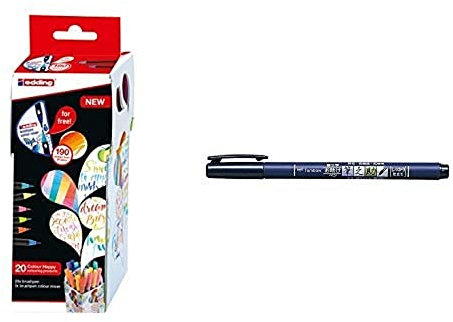 edding Set mit 21 Teilen (20 Pinselstifte edding 1340 mit Farbmixer) - Colour Happy Set S20+1 - Ideal zum Zeichnen & Tombow WS-BH Brush Pen Fudenosuke, harte Spitze, schreibfarbe schwarz
