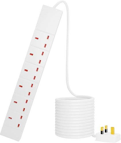 Extension lead 2 Meter long Mains Power Extension Cords Approx 13 Ampere 6 Gang 3 Pin UK Certified Lead Ideal For Multiple Appliances of Home & Office