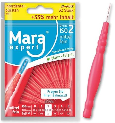 Mara Expert - Spazzole interdentali Basic, 0,5 mm, ISO 2 medio fini, 33% in più di contenuto, con gusto menta, colore rosso