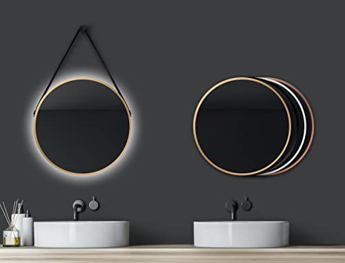 Talos Golden Style Wandspiegel Ø 50 cm – runder Badspiegel in Gold mit Lederoptik Aufhängung – hochwertiger Aluminiumrahmen, vielseitig einsetzbar, auch ohne Gurt aufhängbar.