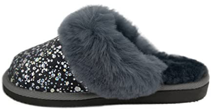 Hollert Damen Lammfell Hausschuhe Diamond Puschen Pantoffeln Grau 100% Dickes, dichtes Merino Schaffell & Veloursleder Schuhgröße EUR 40