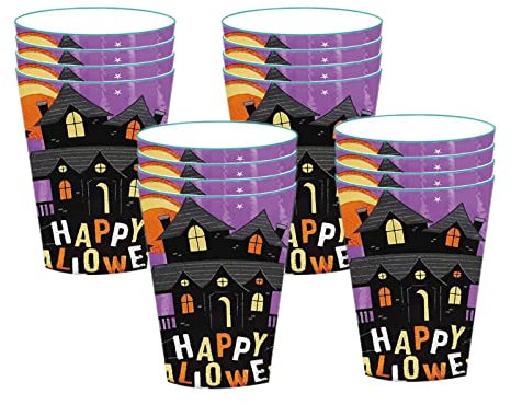 16Pcs Halloween Party Paper Cups - Purple Moon Bat Pumpkin Pattern Disposable Cups for Dinner, Birthday, and Halloween Table Decorations