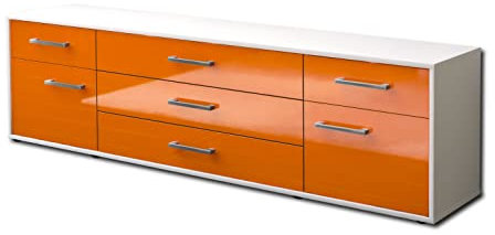 Lqliving TV-Board Lowboard Benita, Korpus in Weiss matt, Front im Hochglanz-Design Orange (180x49x35cm), mit Metall Griffen, Made in Germany