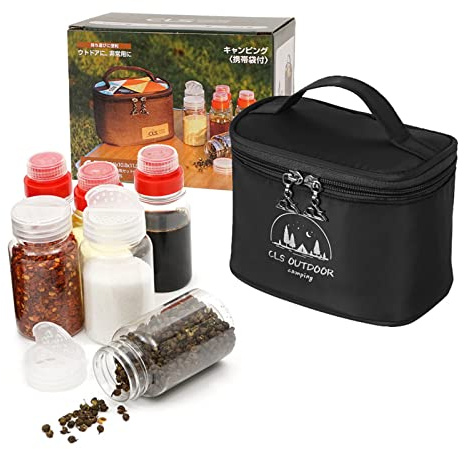 Holzsammlung Camping Portable Spice Set with 6 Spice Containers Storage Bottle Pepper & Salt Spice Shakers, Separable Storage Bag for Outdoor Travel Camping BBQ Picnic (Black)