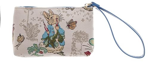 Signare Tapisserie, kleine Handgelenk-Clutch für Damen, Handgelenkschlaufe und Reißverschluss, mit Beatrix Potter Peter Rabbit Deaign (Peter with Carrots, WRIS-BP-PETER)