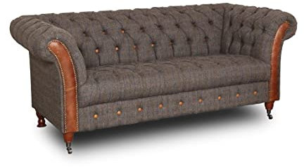 CHESTERFIELD Sofa - Harris Tweed & Leder | 3-Sitzer | Breite 235 cm, Höhe 85 cm, Tiefe 95 cm | Gelb