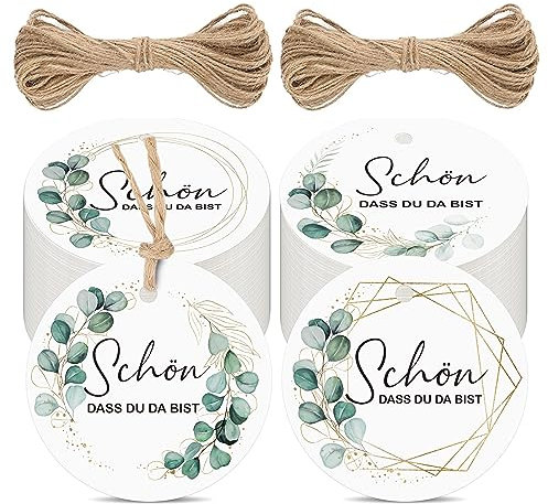 BIROYAL Geschenkanhänger, 5cm SCHÖN DASS DU DA BIST Etiketten Anhänger, 100 stk. Geschenkanhänger mit 50cm Jute Schnur für Handmade Hochzeit Geschenk Weihnachten (Grünes Laub)