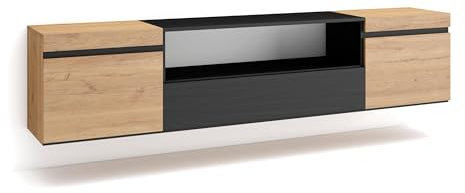 Skraut Home | Mueble TV | Televisión | Muebles de salón, almacenaje | 200x45x35cm | para TV hasta 80 | Colgado, Suspendido | Estilo Moderno | Roble y Negro