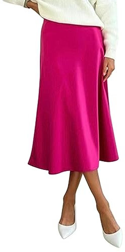 NOGRAX Gonna Lunga Gonna Satinata Gonna da Donna di Colore Solido Una Versione di Gonna A Vita Alta-Rosa di Rosso-S