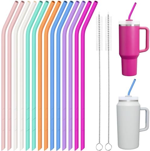 NiHome Lot de 14 pailles en silicone pour gobelet Stanley de 1200 ml, pailles réutilisables extra longues de 35,6 cm, longueur de coupe flexible pour grande bouteille d'eau de 3,5 à 1,8 l – 2 brosses