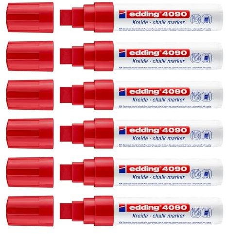 Edding Set mit 6 flüssigen Kreidemarkern 4090, Glas, Fenster, Schiefer, Rot, abgeschrägte Spitze, 4 – 15 mm
