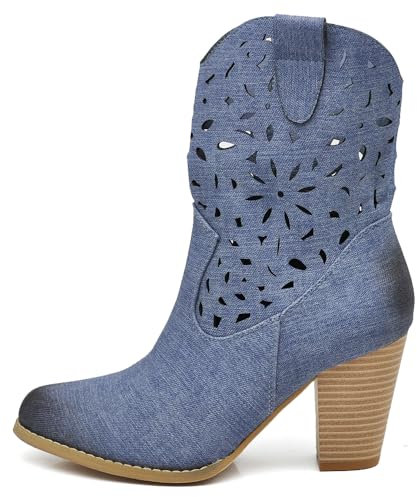 IF Fashion Stivali Stivaletti Tronchetti Camperos da Donna Traforato Con Tacco Pelle Sintetica Effetto Jeans GR-6653 blu N.40