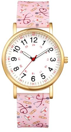 JewelryWe Uhren Damen Silikon Schwesternuhr: 30M Wasserdicht Analog Quarz Armbanduhr Frauen Medizinische Muster Rosa Gummi Armband Uhr mit Digital Zifferblatt für Krankenschwester Ärzte Sanitäter