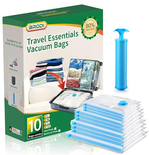 Brodi Vacuum Bags with Pump, 10 Combo Pack - Space-Saver Bags for Travel, Compression Bags for Storage, PA+PE Material, Zipper Closure, Multi-size (1 L, 3 M, 3 S, 3 XS, 1 Hand Pump)