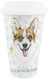Purely Home World's Best Corgi Dog Ceramic Travel Mug - Novelty Gifts for Dog Mums - Reusable Silicone Lid Double-Walled Insulated Hot/Cold Drinks Tea Coffee Cup