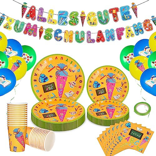 LULUETPUE Einschulung Deko, Schulanfang Partygeschirr Set, 77pcs Einschulung Geschirr Pappteller Servietten Tassen Alles Gute Zum Schulanfang Banner, Luftballons für Einschulungsdeko Junge Mädche