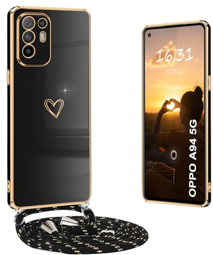 Yutwo Handykette Oppo A94 5G Hülle mit Band, Handyhülle Oppo A94 5G mit Band Stoßfeste Hülle mit Love Herz Galvanik Kordel Schutzhülle, Schwarz