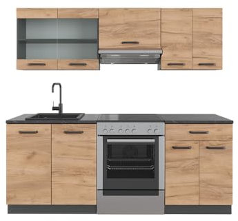 Vicco Küchenzeile R-Line, Goldkraft Eiche/Anthrazit, 200 cm, AP Anthrazit