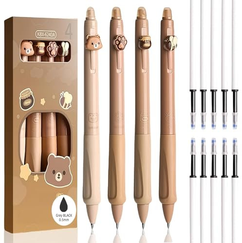 cuhostki Lot de 4 stylos à encre gel effaçables - Stylo roller à encre gel effaçable - Cappuccino ours animal - Marron - Diamètre de la pointe : 0,5 mm
