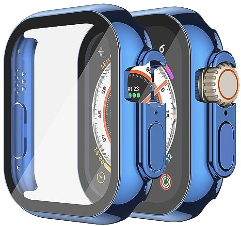 Piuellia Confezione da 2 custodie rigide per PC con vetro temperato compatibile per Apple Watch Ultra 3 (2025) / Ultra 2 / Ultra 49 mm, copertura ultra sottile protezione completa per iWatch, 1 blu +