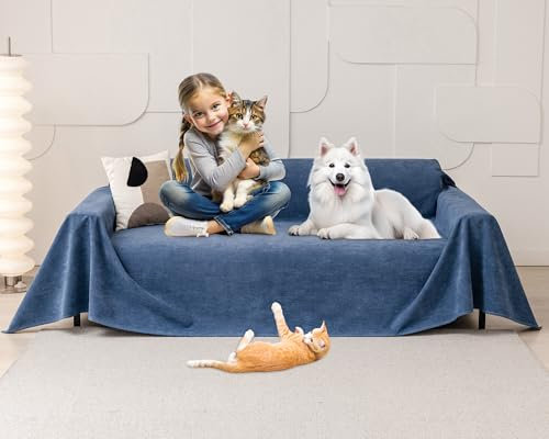 Couverture Protection Chat Canapé, Housse pour Meubles de Canapé, Housse de Canape 3 Places, Protege Canape Impermeable, Antidérapante, Protection Canapé Chat Chiens Griffures,Bleu Marine,380x180cm