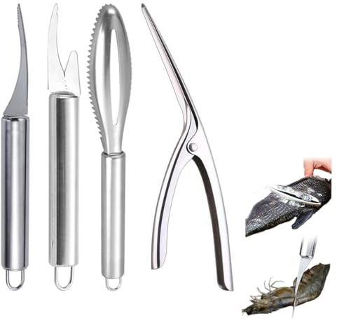 4-teiliges Multifunktionales Garnelenset, Multifunktionales Garnelenschnur,Fischmesser,Edelstahl Shrimp Peeler,Shrimp Peeler,Garnelenschalenmesser,Garnelenlinienmesser,Edelstahl-GarnelenschäLer
