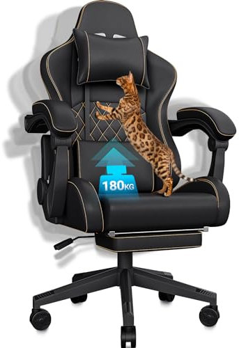 BASETBL Großer Gaming-Stuhl mit Kratzschutz gegen Katzen, Ergonomischer Bürostuhl mit Fußstütze und Abnehmbarer Kopfstütze, Schreibtischstuhl Chefsessel Drehstuhl bis 180 kg, mit Lendenwirbelstütze