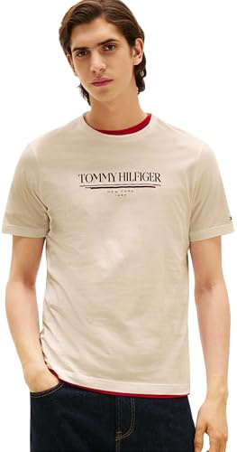 Tommy Hilfiger Herren T-Shirt Kurzarm Brand Love Tee aus Baumwolle, Elfenbein (Newsprint), M