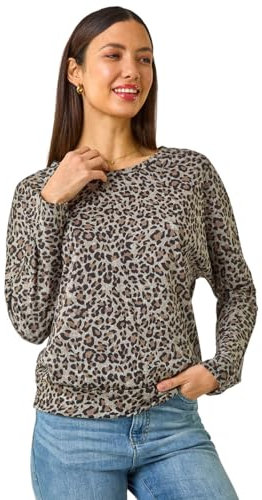 Roman Originals Blouson Top for Women UK Ladies Drop Shoulder Long Sleeve Jersey Stretchy Oversized Casual Office Jumper Soft Everyday Sweater Lounge Sweatshirt Blouses - Grey Beige - Size 12
