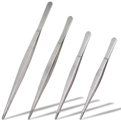 Qjaiune Lot de 4 pinces à épiler en acier inoxydable 304, 2,2 / 20,3 / 25,4 cm de long avec pointes droites dentelées de précision, pinces de cuisine antidérapantes pour cuisine, pâtisserie,