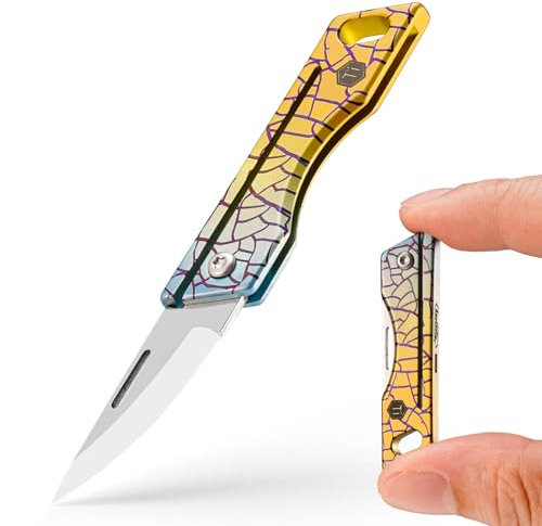 KeyUnity KK06 Kleines Titan-Klappmesser, Mini-Edc Messer mit integriertem Schlüsselloch, Leichtes Schlüsselanhänger Messer für Camping, Wandern und Outdoor(TI24P)