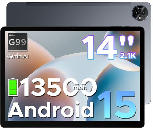 DOOGEE Tab E3 Max 2.1K Tablet 14 Pollici, 32GB+256GB(2TB TF), 13500mAh Batteria Tablet Android 15, MTK G100 Octa-Core Gaming Tablets, Dual SIM 4G LTE+5G WiFi, 16MP/BT5.2/3.5MM/GMS/4 Speakers, Grigio