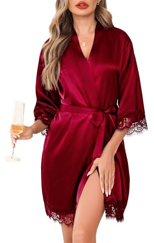 Lovasy Peignoir Satin Femme Mariage en Dentelle Robe de Chambre Soie Court Kimono Bride Sexy Léger Col V avec Ceinture Robe de Demoiselle d'Honneur