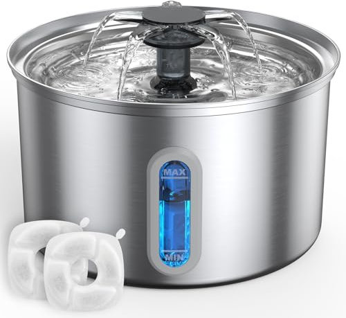 Fontaine a Eau Chat INOX,3,5L Super Silencieuse Fontaine a Eau Chat,Distributeur Eau Chat avec LED avec 2 Filtre à Carbone Activé,Convient aux Chats,Chiens et Autres Animaux de Compagnie