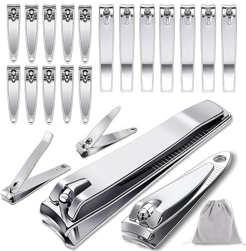 Keeshibao 20-Pack Stainless Steel Fingernail & Toenail Nail Clippers Bulk Set - 12 Small + 8 Medium Size with Storage Pouch, Manicure Kit for Men/Women Travel, Gifts, Homeless Care Supplies