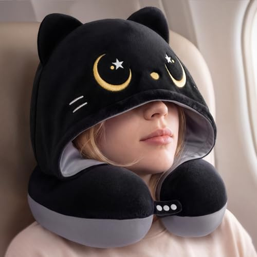 Mewaii Grau Nackenkissen Flugzeug mit Katzenkapuze, Memory-Schaum | Verstellbare Träger, waschbarer Bezug, Aufbewahrungstasche, abdeckendes Design – das ideale Reisekissen für Flug, Auto