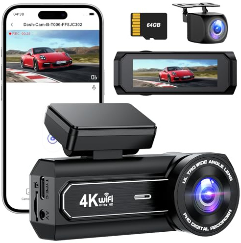 Penemay Dash Cam, 4K + 1080P DashCam Front and Rear, WiFi Dashcam with 64GB SD Card, Dual Car Camera Dash Cam with Night Vision, 170° Wide Angle, G-Sensor, App Control, Loop Recording, Parking Mode